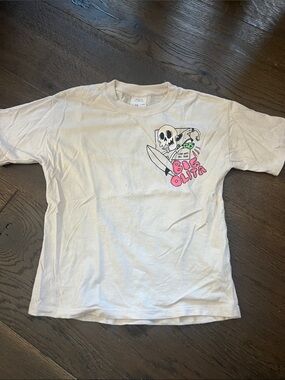 Zara Beige Graphic Tee with Pink 'Big Olita' Skull Design